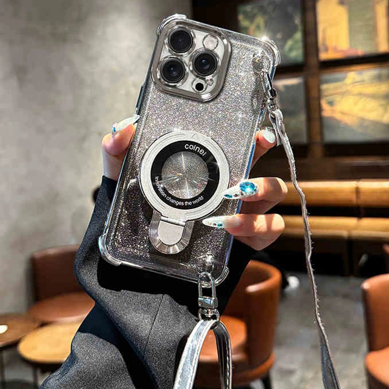 Premium iPhone Case — Four-Corner Anti-Drop TPU Cover with Wireless Charging Holder, Shockproof Lanyard Design & Half-Wrapped Protection