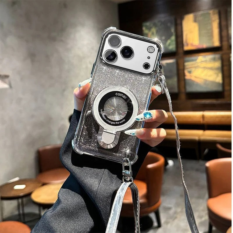 Premium iPhone Case — Four-Corner Anti-Drop TPU Cover with Wireless Charging Holder, Shockproof Lanyard Design & Half-Wrapped Protection