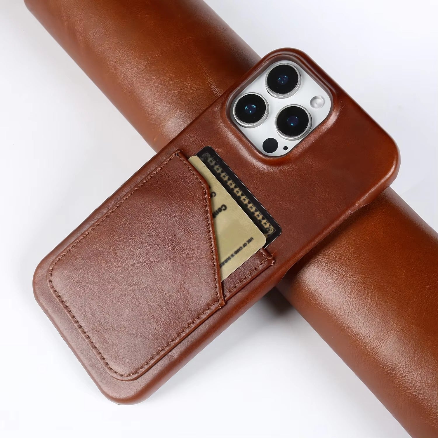 Premium iPhone Case — Genuine Leather Card Slot Back Cover with Vintage Aesthetic Design, Lightweight Anti-Scratch Non-Slip Protection