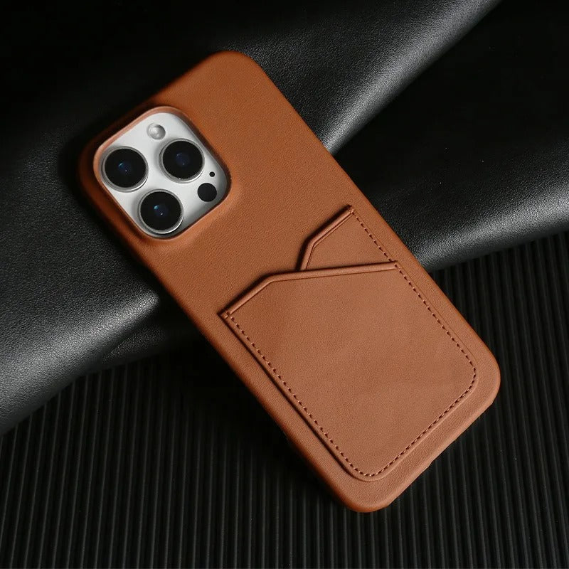 Premium iPhone Case — Genuine Leather Card Slot Back Cover with Vintage Aesthetic Design, Lightweight Anti-Scratch Non-Slip Protection