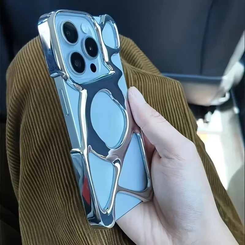 Premium iPhone Case — Hollow Electroplated Magnetic Cover with Shockproof Tough PC Design & Silver Plated Protective Frame