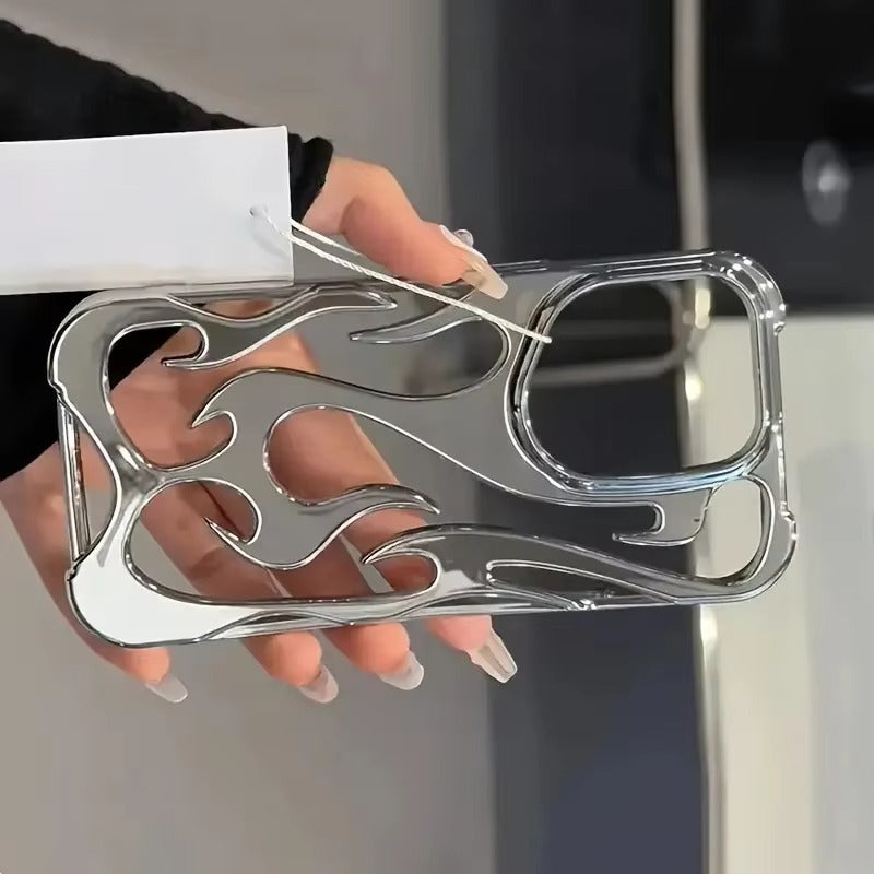 Premium iPhone Case — Hollow Flame Design SoftLuxury iPhone Case — Star Graffiti Gloss-Plated Cream TPU Cover with Stylish Artistic Design & Smooth Protective Finish Cover with Shockproof Protection & Silver Electroplated Cool Aesthetic for Boys and Girls