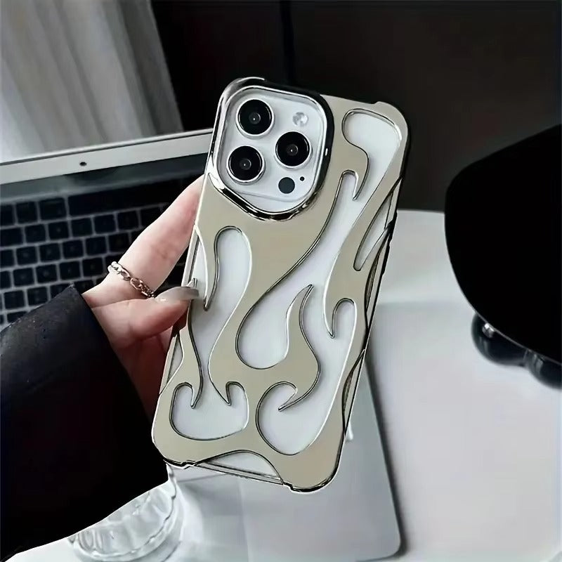 Premium iPhone Case — Hollow Flame Design SoftLuxury iPhone Case — Star Graffiti Gloss-Plated Cream TPU Cover with Stylish Artistic Design & Smooth Protective Finish Cover with Shockproof Protection & Silver Electroplated Cool Aesthetic for Boys and Girls