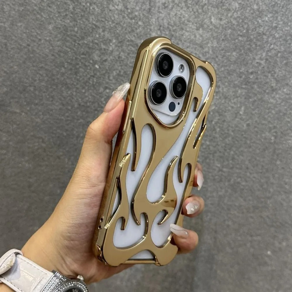 Premium iPhone Case — Hollow Flame Design SoftLuxury iPhone Case — Star Graffiti Gloss-Plated Cream TPU Cover with Stylish Artistic Design & Smooth Protective Finish Cover with Shockproof Protection & Silver Electroplated Cool Aesthetic for Boys and Girls