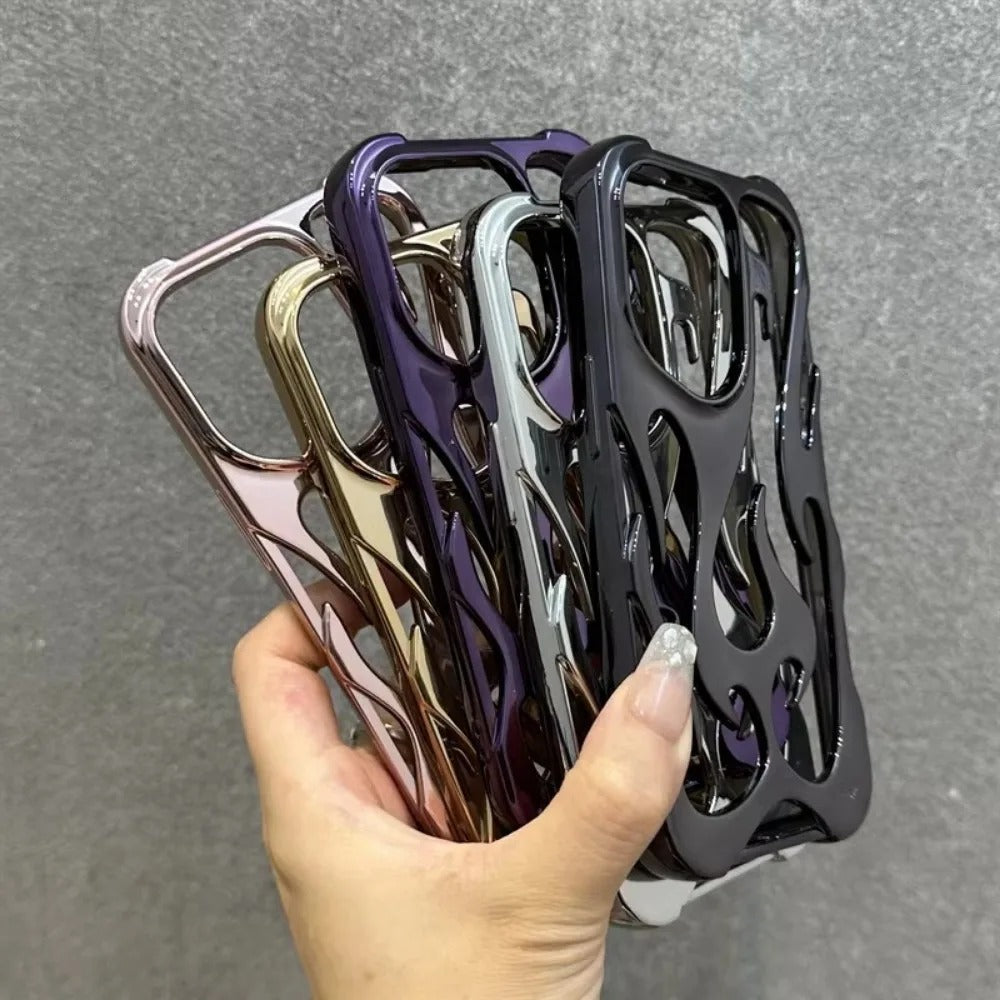 Premium iPhone Case — Hollow Flame Design SoftLuxury iPhone Case — Star Graffiti Gloss-Plated Cream TPU Cover with Stylish Artistic Design & Smooth Protective Finish Cover with Shockproof Protection & Silver Electroplated Cool Aesthetic for Boys and Girls