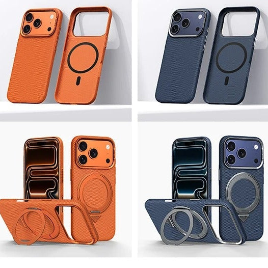 Premium iPhone Case — Kevlar Checkered Magnetic Stand Cover with Carbon Fiber Pattern, MagSafe PC Hard Shell & Raised Scratch-Resistant Lens Protection