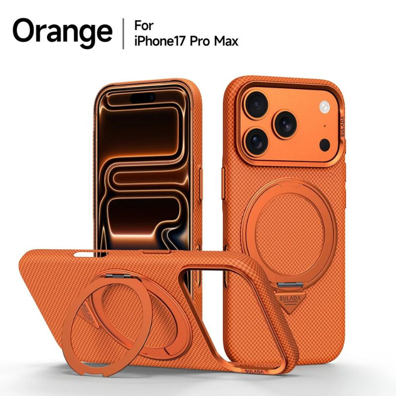 Premium iPhone Case — Kevlar Checkered Magnetic Stand Cover with Carbon Fiber Pattern, MagSafe PC Hard Shell & Raised Scratch-Resistant Lens Protection