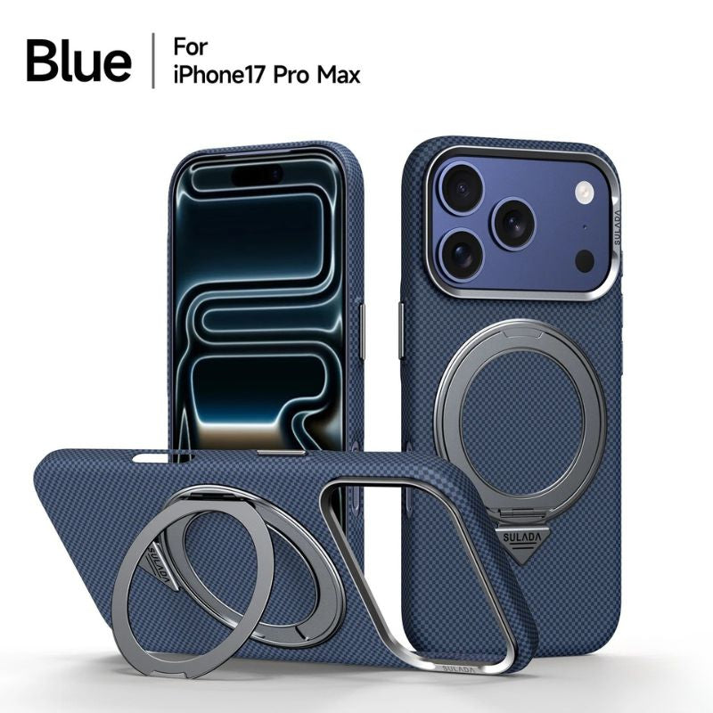 Premium iPhone Case — Kevlar Checkered Magnetic Stand Cover with Carbon Fiber Pattern, MagSafe PC Hard Shell & Raised Scratch-Resistant Lens Protection