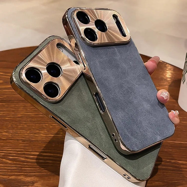 Premium iPhone Case — Leather Cover with Electroplate Frame, Shockproof Half-Wrapped PC Design, Camera Protection, Anti-Fingerprint Anti-Scratch Non-Slip Finish