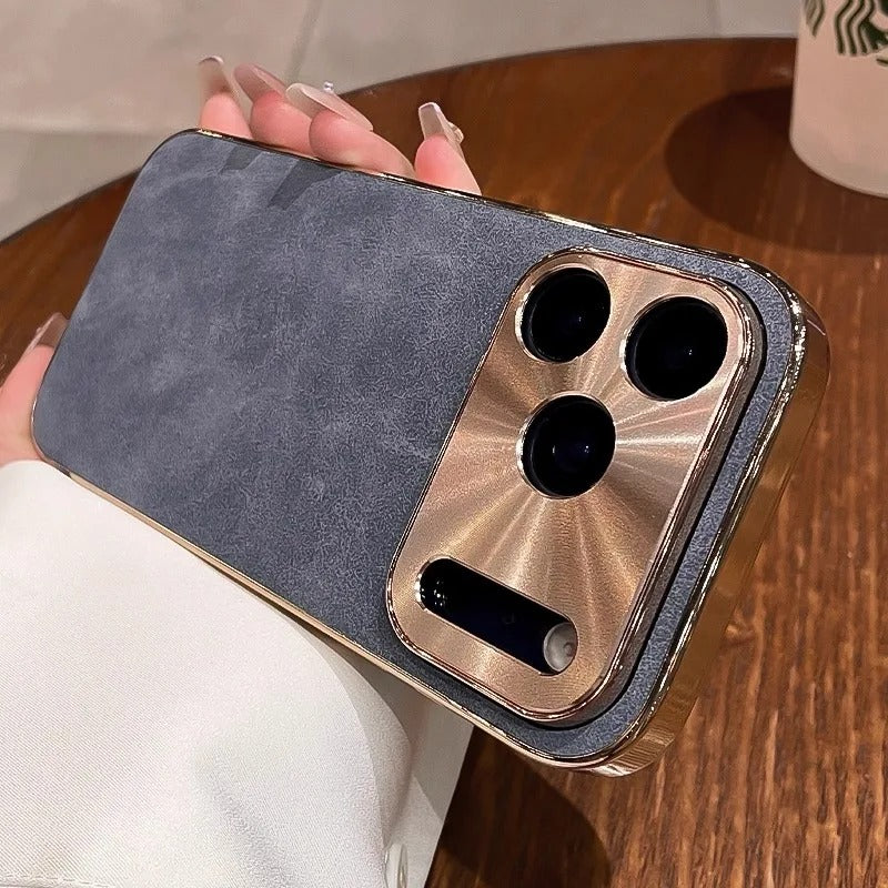 Premium iPhone Case — Leather Cover with Electroplate Frame, Shockproof Half-Wrapped PC Design, Camera Protection, Anti-Fingerprint Anti-Scratch Non-Slip Finish