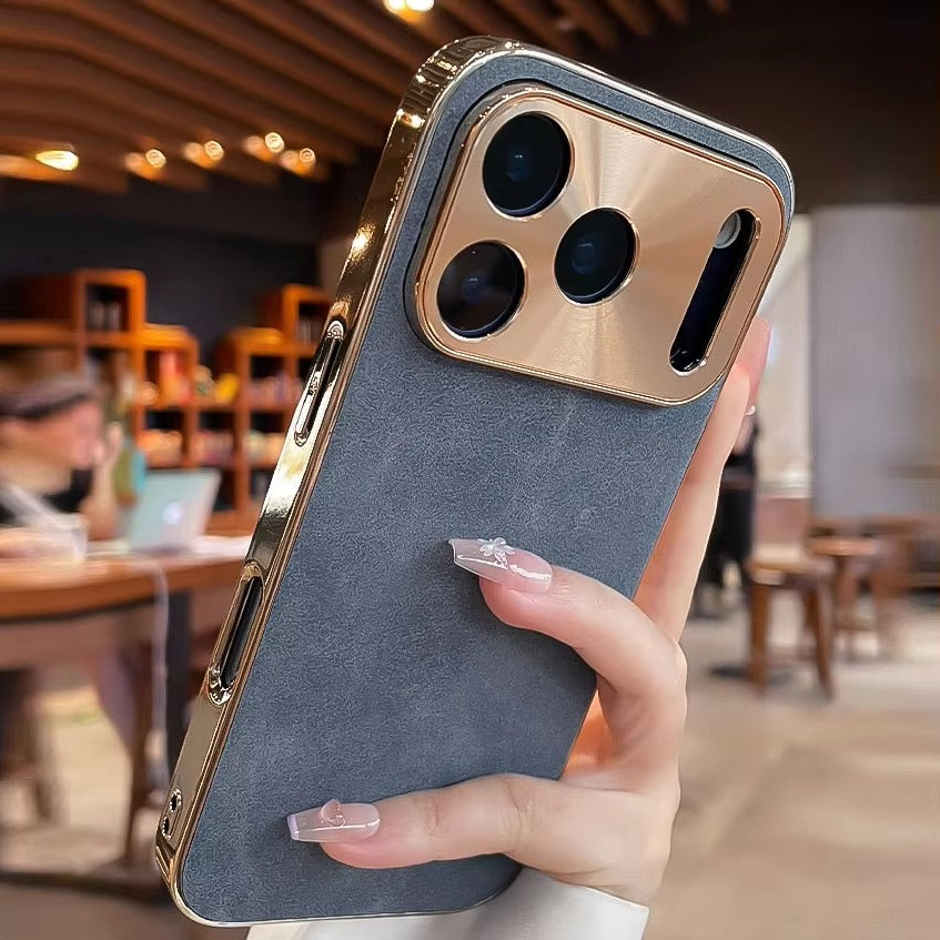 Premium iPhone Case — Leather Cover with Electroplate Frame, Shockproof Half-Wrapped PC Design, Camera Protection, Anti-Fingerprint Anti-Scratch Non-Slip Finish