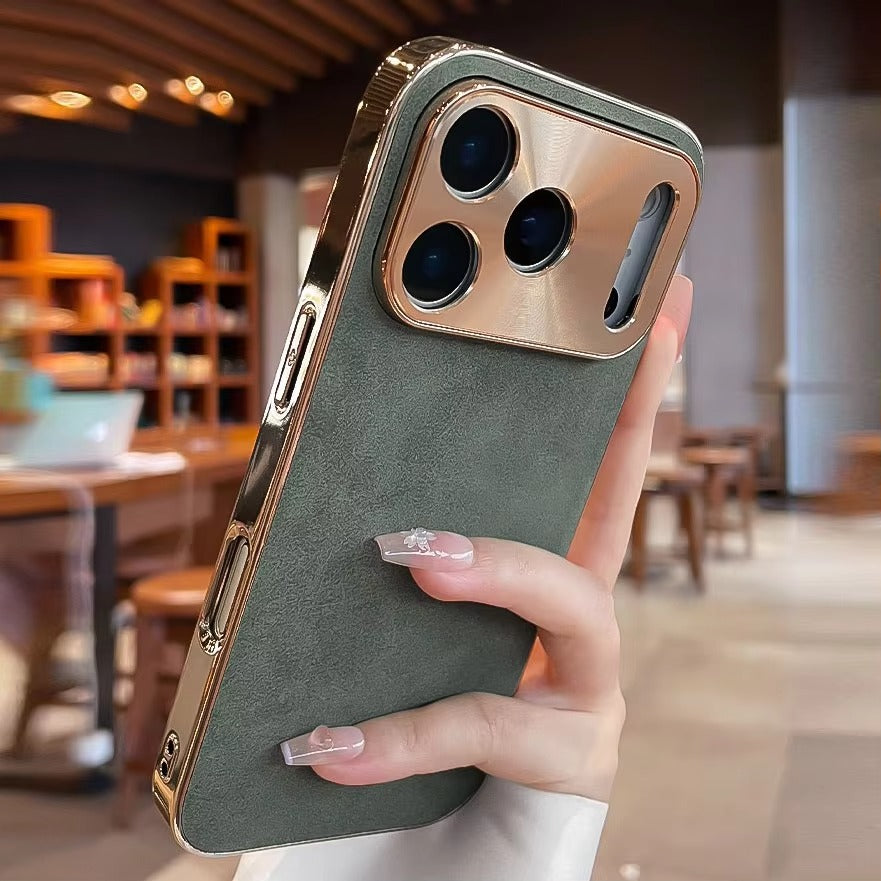 Premium iPhone Case — Leather Cover with Electroplate Frame, Shockproof Half-Wrapped PC Design, Camera Protection, Anti-Fingerprint Anti-Scratch Non-Slip Finish