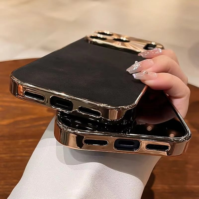 Premium iPhone Case — Leather Cover with Electroplate Frame, Shockproof Half-Wrapped PC Design, Camera Protection, Anti-Fingerprint Anti-Scratch Non-Slip Finish