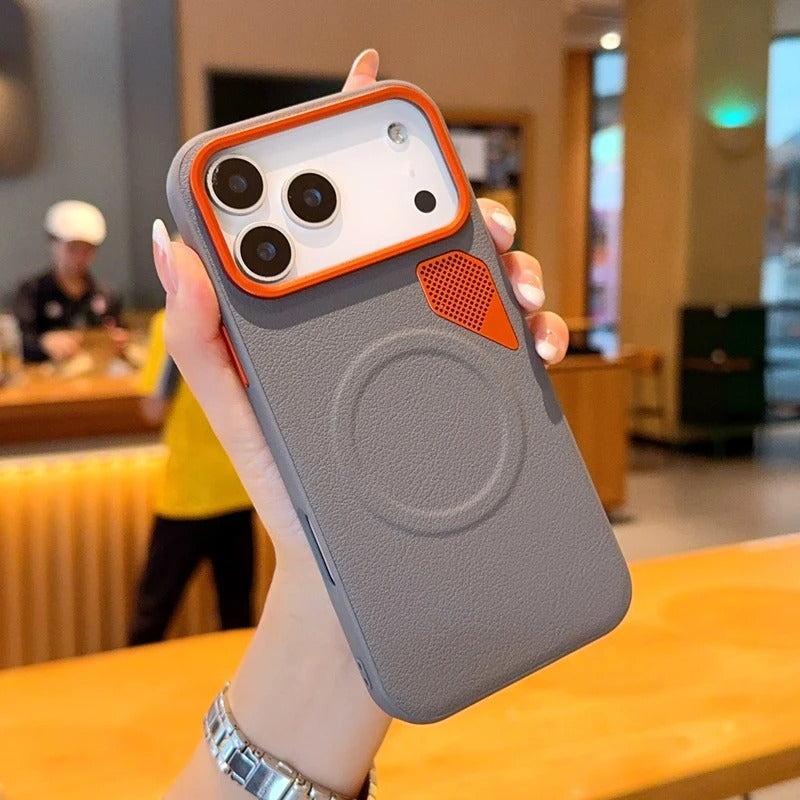 Premium iPhone Case — Magnetic PU Leather Cover with Heat-Dissipation Vents, Shockproof TPU+PC Frame and MagSafe Camera-Safe Design