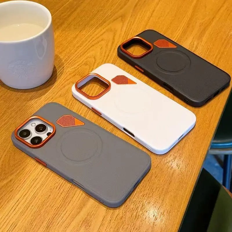Premium iPhone Case — Magnetic PU Leather Cover with Heat-Dissipation Vents, Shockproof TPU+PC Frame and MagSafe Camera-Safe Design