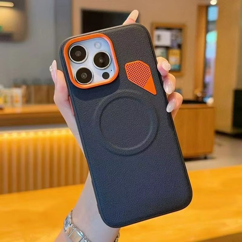 Premium iPhone Case — Magnetic PU Leather Cover with Heat-Dissipation Vents, Shockproof TPU+PC Frame and MagSafe Camera-Safe Design