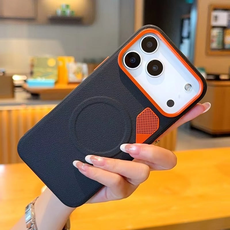 Premium iPhone Case — Magnetic PU Leather Cover with Heat-Dissipation Vents, Shockproof TPU+PC Frame and MagSafe Camera-Safe Design