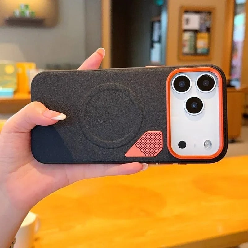 Premium iPhone Case — Magnetic PU Leather Cover with Heat-Dissipation Vents, Shockproof TPU+PC Frame and MagSafe Camera-Safe Design