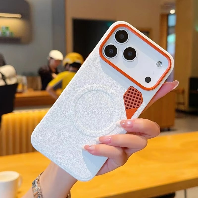Premium iPhone Case — Magnetic PU Leather Cover with Heat-Dissipation Vents, Shockproof TPU+PC Frame and MagSafe Camera-Safe Design