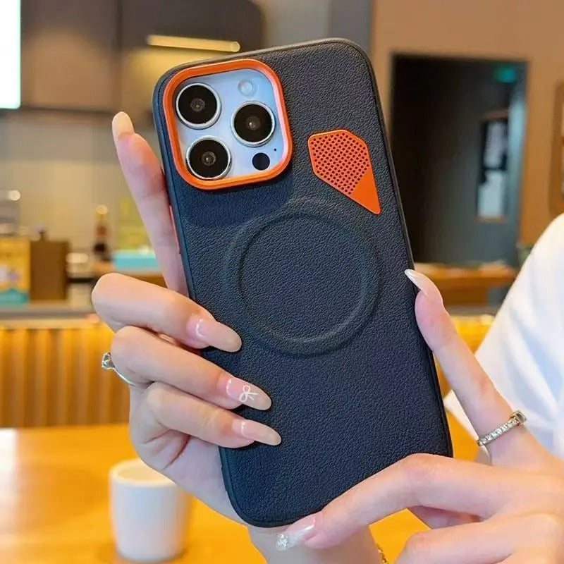Premium iPhone Case — Magnetic PU Leather Cover with Heat-Dissipation Vents, Shockproof TPU+PC Frame and MagSafe Camera-Safe Design