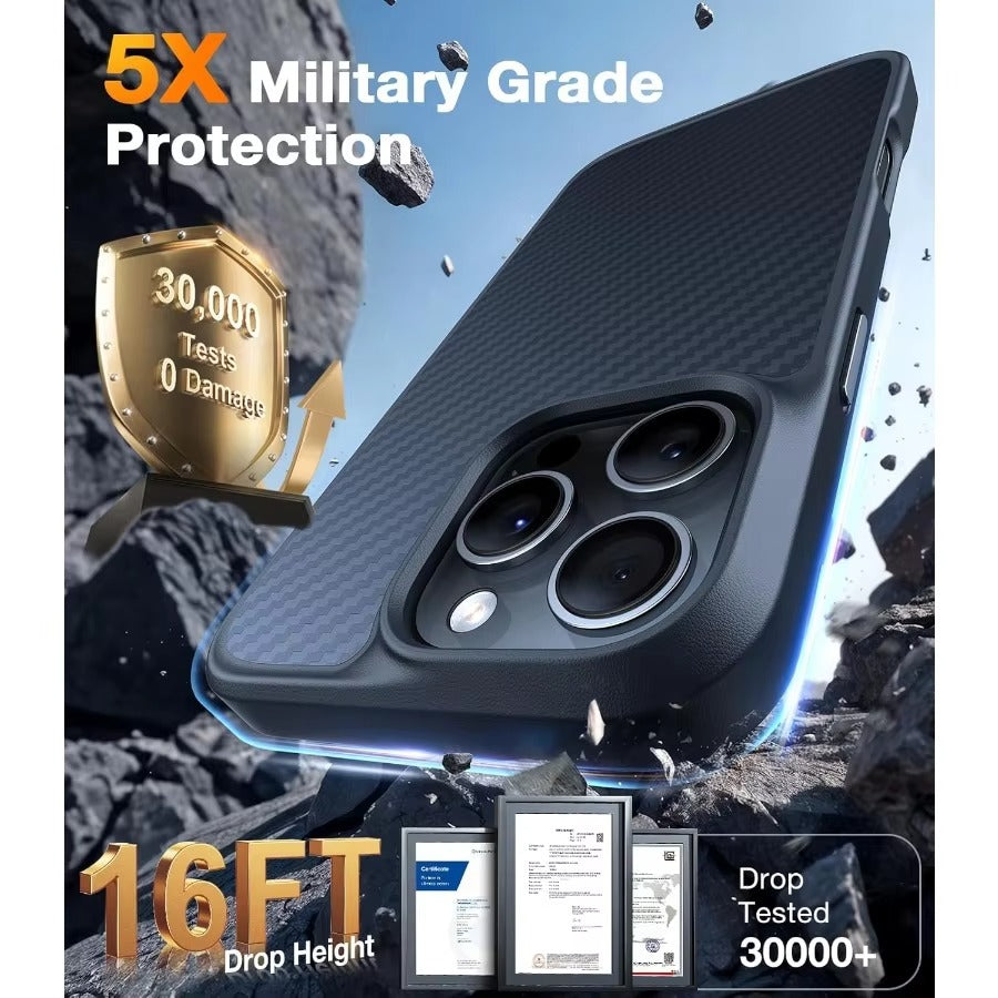 Premium iPhone Case — Military-Grade Aramid Fiber Back Cover with Black Edge, Drop Protection & Enhanced MagSafe Compatibility