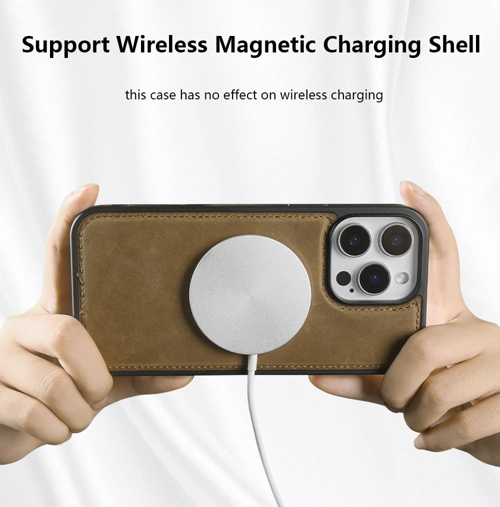 Premium iPhone Case — Vintage Crazy Horse Genuine Leather Magnetic Cover with Full-Coverage Shockproof Protection, Anti-Scratch Non-Slip Retro Design