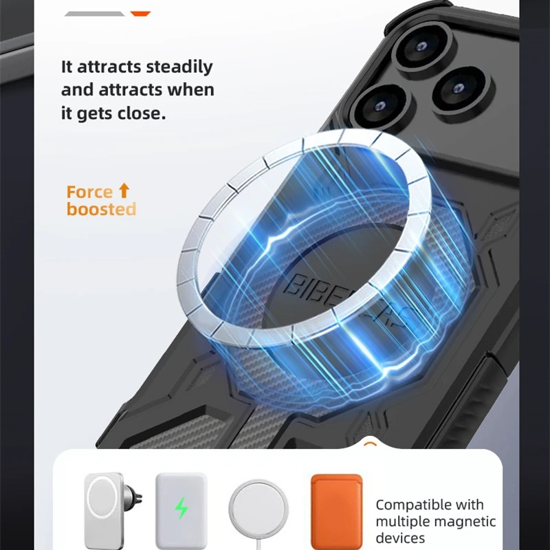 Rugged Magnetic iPhone Case Shockproof Heavy Duty Protection — Hard PC Dual Layer Armor Cover, Kickstand Support, Anti-Fingerprint, Dustproof, Non-Slip