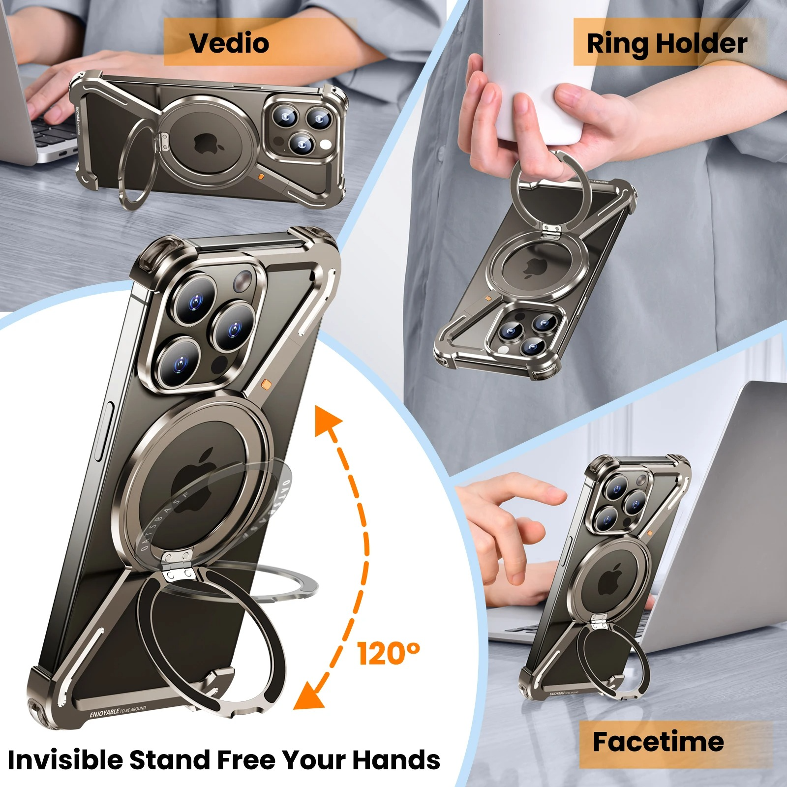 Rugged iPhone Case — Z-Shape Metal Shockproof Bumper with 360° Rotating Ring Holder, Magnetic, Wireless-Charging Compatible, Non-Slip Full Coverage