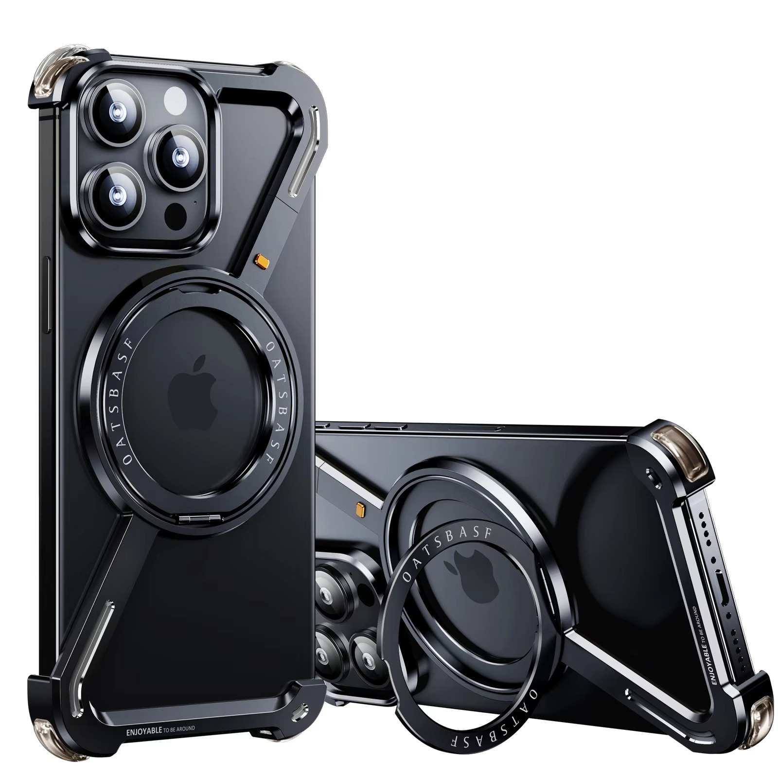 Rugged iPhone Case — Z-Shape Metal Shockproof Bumper with 360° Rotating Ring Holder, Magnetic, Wireless-Charging Compatible, Non-Slip Full Coverage