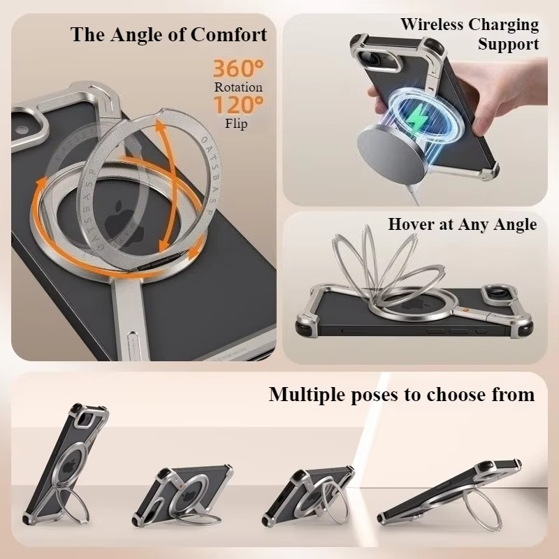 Rugged iPhone Case — Z-Shape Metal Shockproof Bumper with 360° Rotating Ring Holder, Magnetic, Wireless-Charging Compatible, Non-Slip Full Coverage