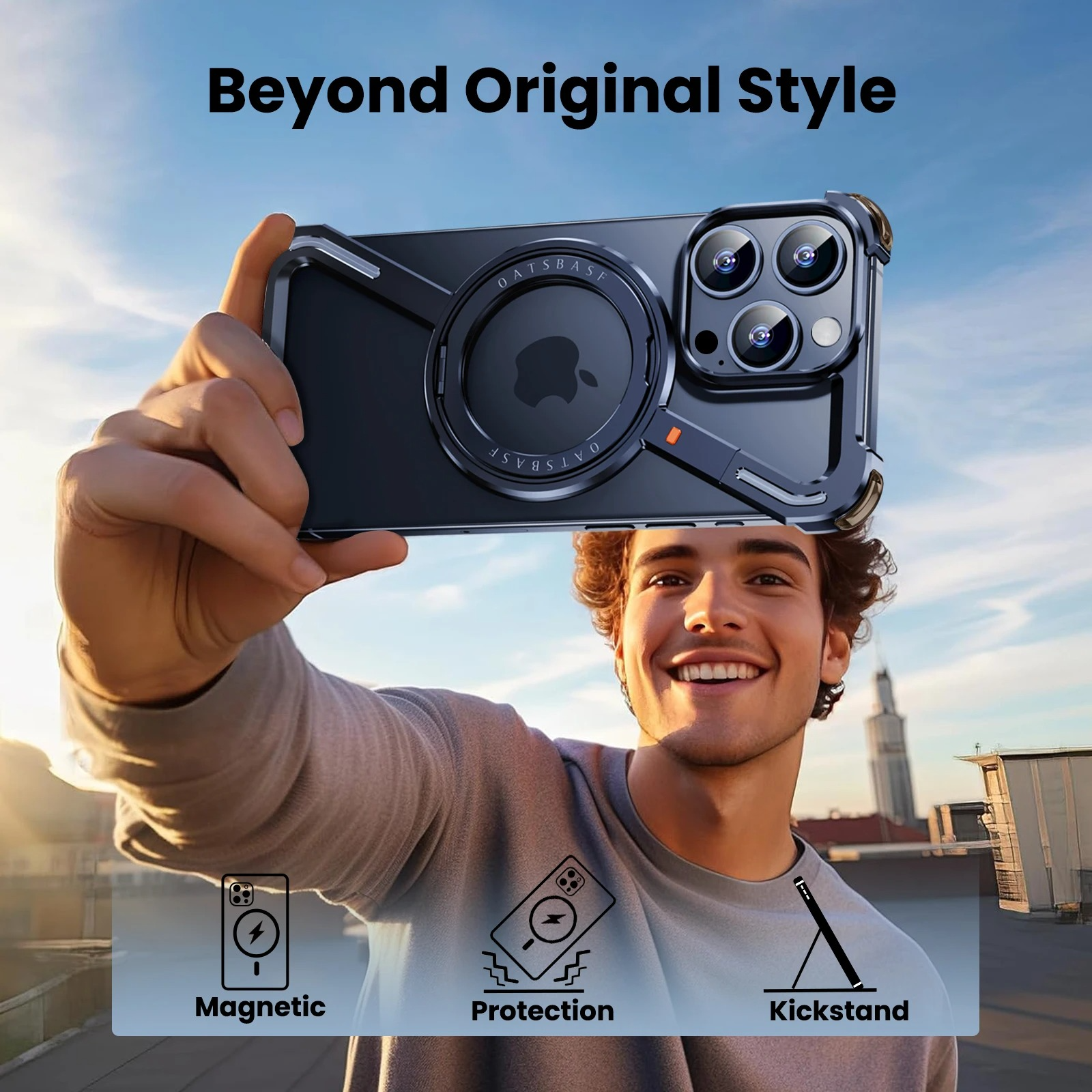 Rugged iPhone Case — Z-Shape Metal Shockproof Bumper with 360° Rotating Ring Holder, Magnetic, Wireless-Charging Compatible, Non-Slip Full Coverage