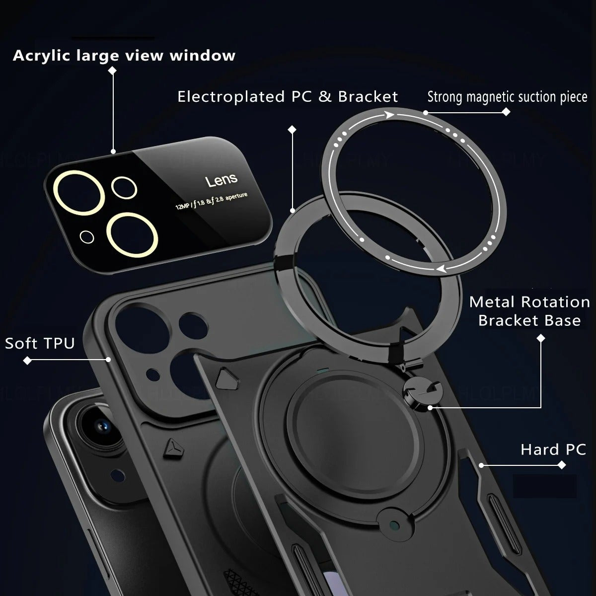 Rugged iPhone Armor Magnetic Case — 360° Rotating Holder, Shockproof Anti-Drop Protection, Lens Camera Safety, Durable Hybrid PC+TPU Cover