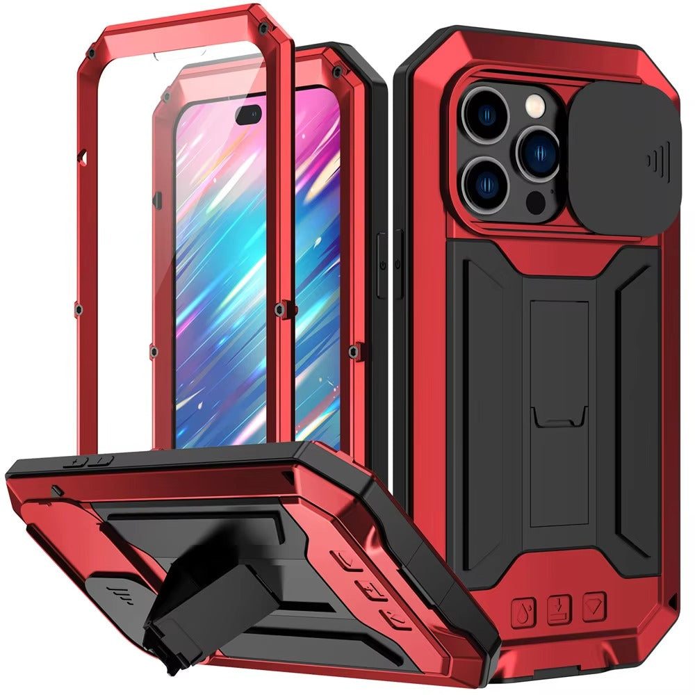 Rugged iPhone Case 360° Full Protection Shockproof — Metal Frame with Tempered Glass, Slide Camera Cover, Built-In Stand, Dustproof & Drop-Resistant Design
