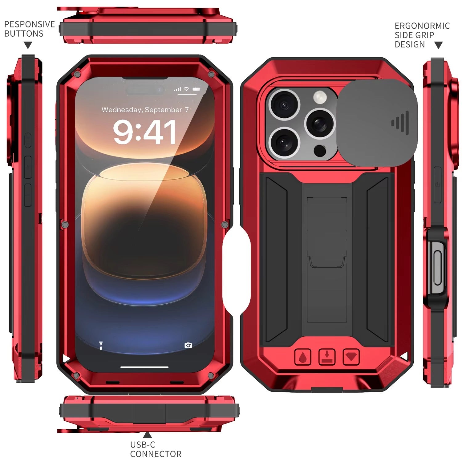 Rugged iPhone Case 360° Full Protection Shockproof — Metal Frame with Tempered Glass, Slide Camera Cover, Built-In Stand, Dustproof & Drop-Resistant Design