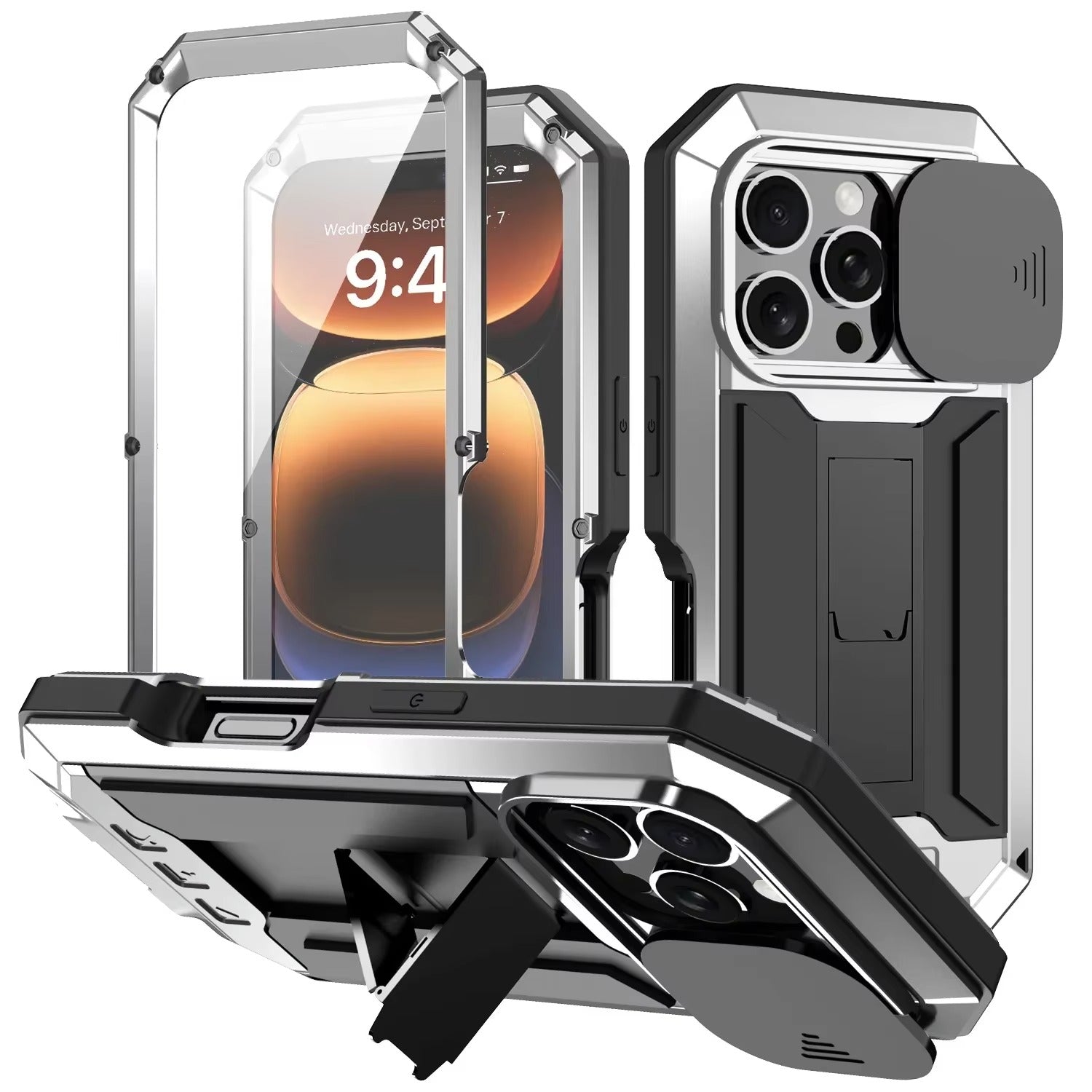 Rugged iPhone Case 360° Full Protection Shockproof — Metal Frame with Tempered Glass, Slide Camera Cover, Built-In Stand, Dustproof & Drop-Resistant Design