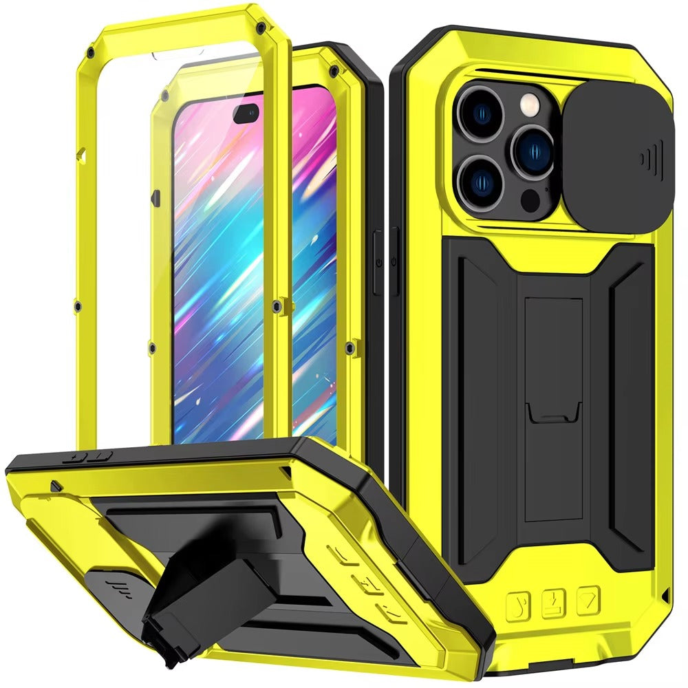 Rugged iPhone Case 360° Full Protection Shockproof — Metal Frame with Tempered Glass, Slide Camera Cover, Built-In Stand, Dustproof & Drop-Resistant Design