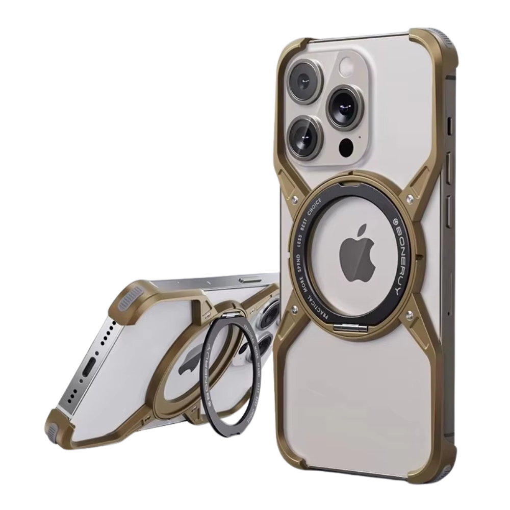 Rugged iPhone Case 360° X-Shaped Mechanical Design — Aluminum Magnetic Frameless Cover with Stand, Noctilucent Finish, Heavy Duty Shockproof Scratch-Resistant Protection