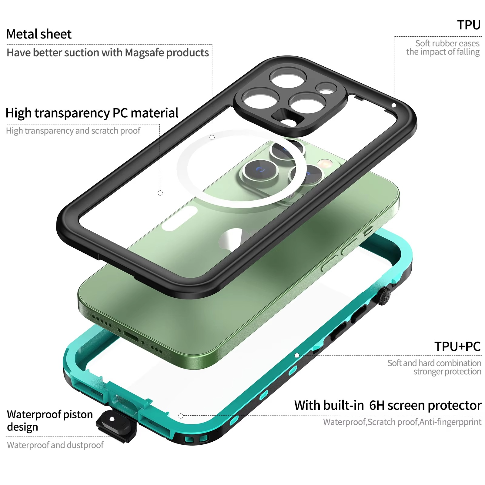 Rugged iPhone Case IP68 Waterproof MagSafe Cover — Full Body Protective Design for Diving and Swimming, Magnetic Shockproof Anti-Fingerprint Scratch-Resistant Finish