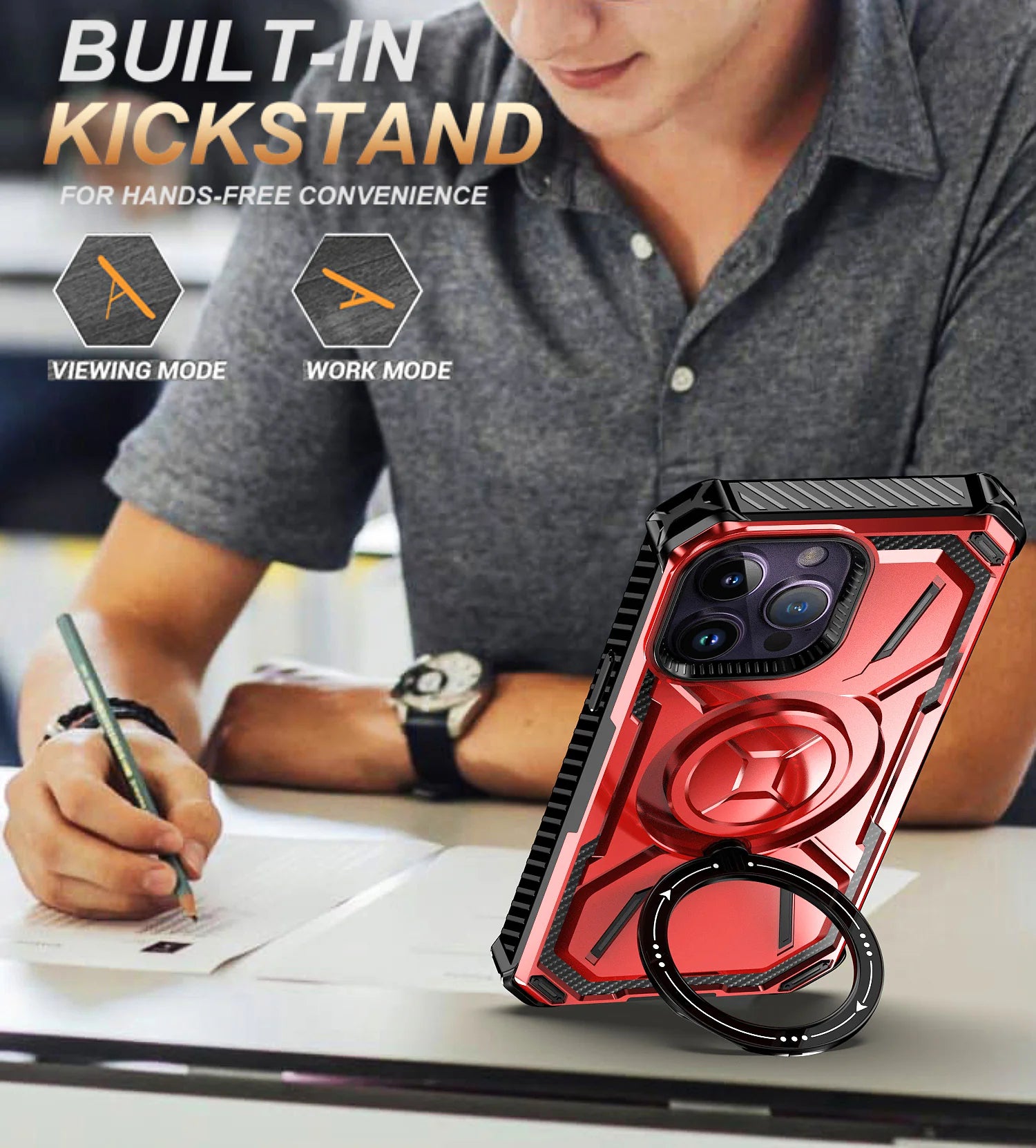 Rugged iPhone Case MagSafe Compatible Heavy Duty Cover — Dual Layer Shock Absorption, Rotatable Kickstand Ring, Built-In Screen Protector, Full Body Defense