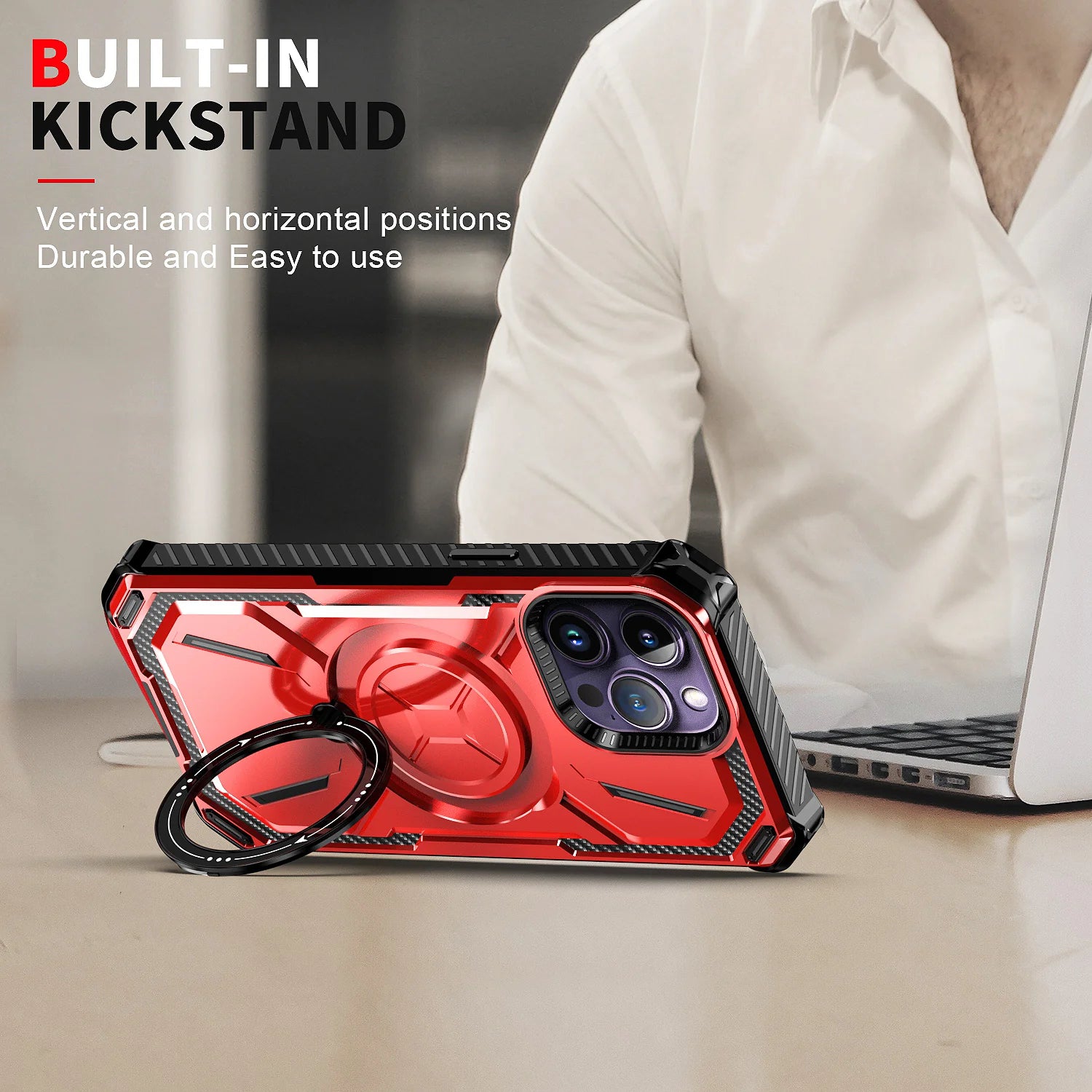 Rugged iPhone Case MagSafe Compatible Heavy Duty Cover — Dual Layer Shock Absorption, Rotatable Kickstand Ring, Built-In Screen Protector, Full Body Defense