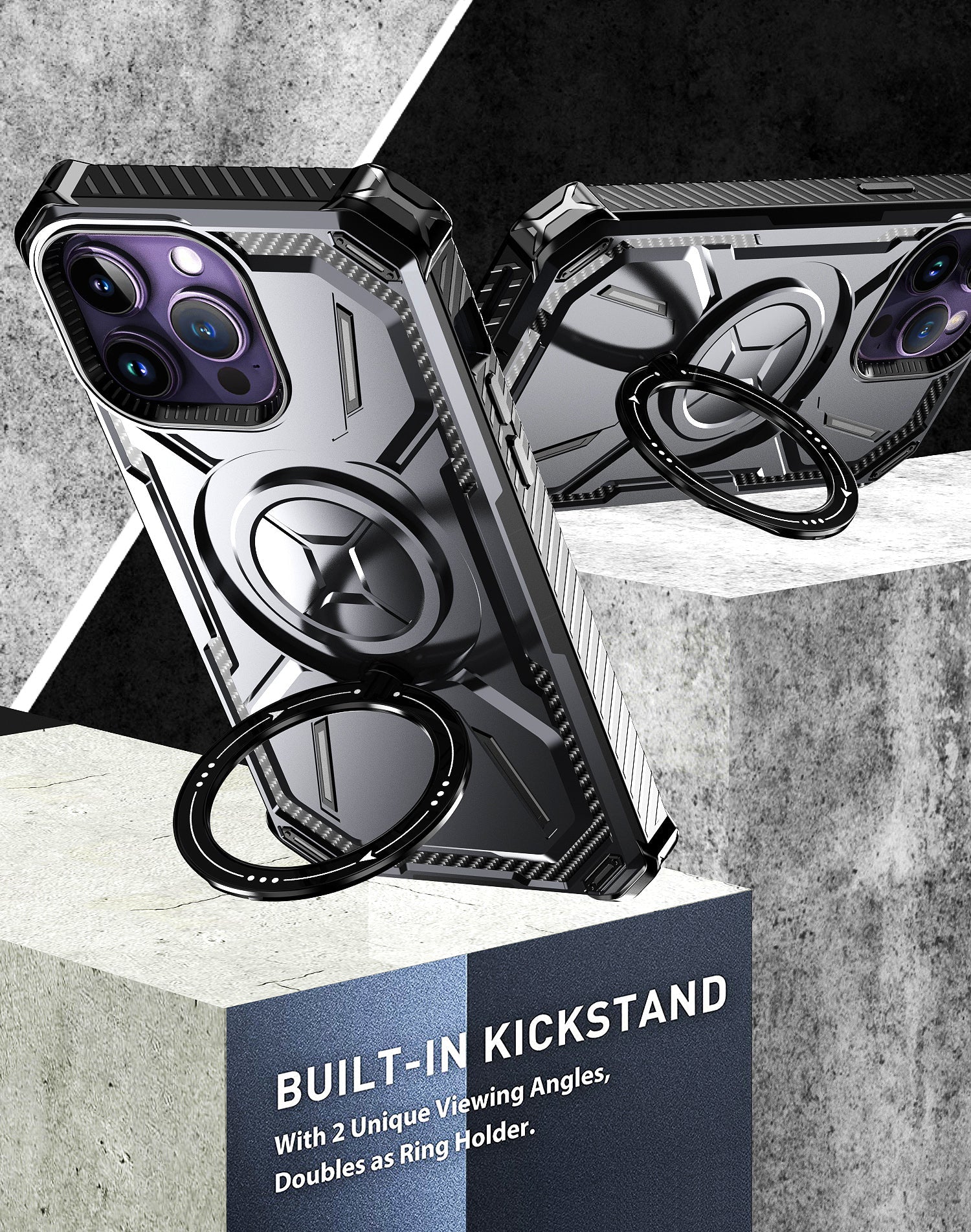 Rugged iPhone Case MagSafe Compatible Heavy Duty Cover — Dual Layer Shock Absorption, Rotatable Kickstand Ring, Built-In Screen Protector, Full Body Defense