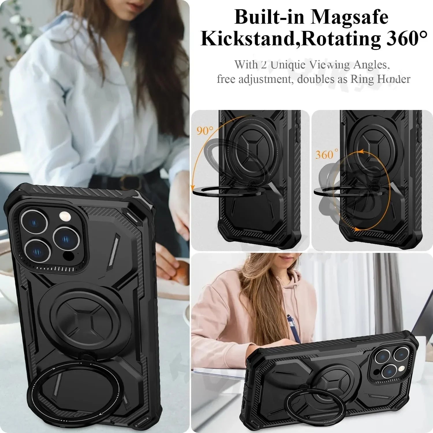 Rugged iPhone Case MagSafe Compatible Heavy Duty Cover — Dual Layer Shock Absorption, Rotatable Kickstand Ring, Built-In Screen Protector, Full Body Defense