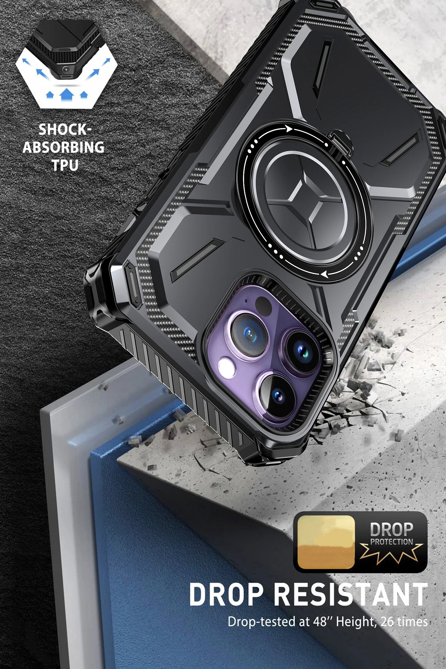 Rugged iPhone Case MagSafe Compatible Heavy Duty Cover — Dual Layer Shock Absorption, Rotatable Kickstand Ring, Built-In Screen Protector, Full Body Defense