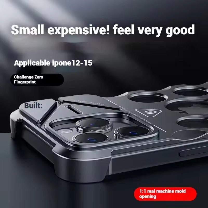 Rugged iPhone Case Shockproof Metal Cooling Armor — Aluminum Alloy Hollow Frameless Anti-Drop Cover, Matte Anti-Glare, Scratch-Resistant, Non-Slip