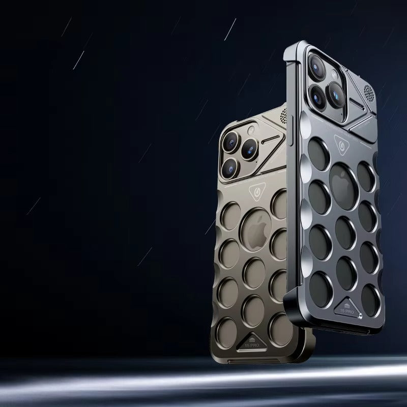 Rugged iPhone Case Shockproof Metal Cooling Armor — Aluminum Alloy Hollow Frameless Anti-Drop Cover, Matte Anti-Glare, Scratch-Resistant, Non-Slip