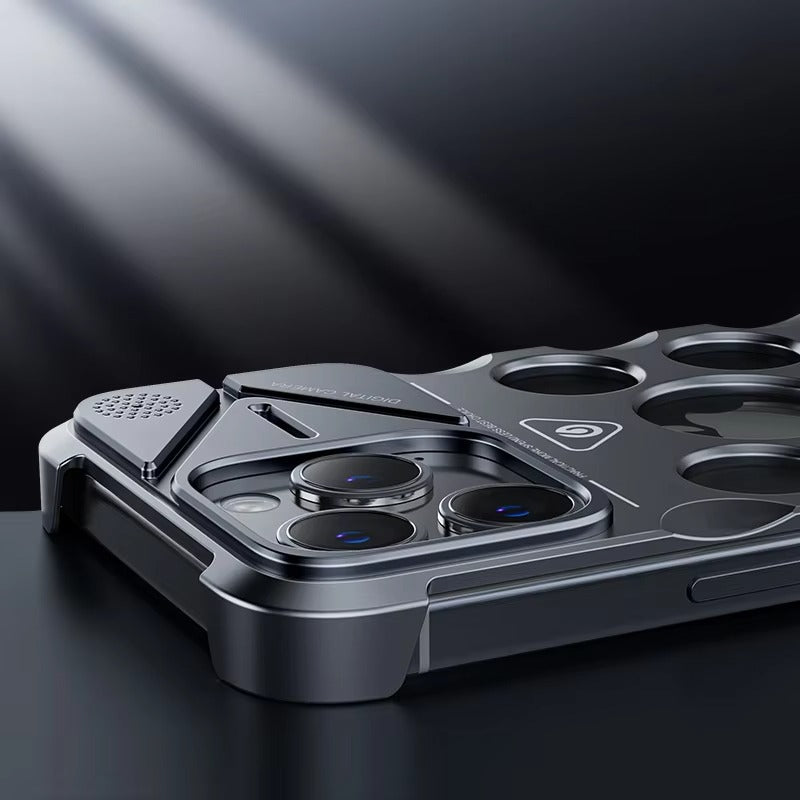 Rugged iPhone Case Shockproof Metal Cooling Armor — Aluminum Alloy Hollow Frameless Anti-Drop Cover, Matte Anti-Glare, Scratch-Resistant, Non-Slip