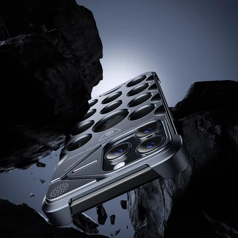 Rugged iPhone Case Shockproof Metal Cooling Armor — Aluminum Alloy Hollow Frameless Anti-Drop Cover, Matte Anti-Glare, Scratch-Resistant, Non-Slip