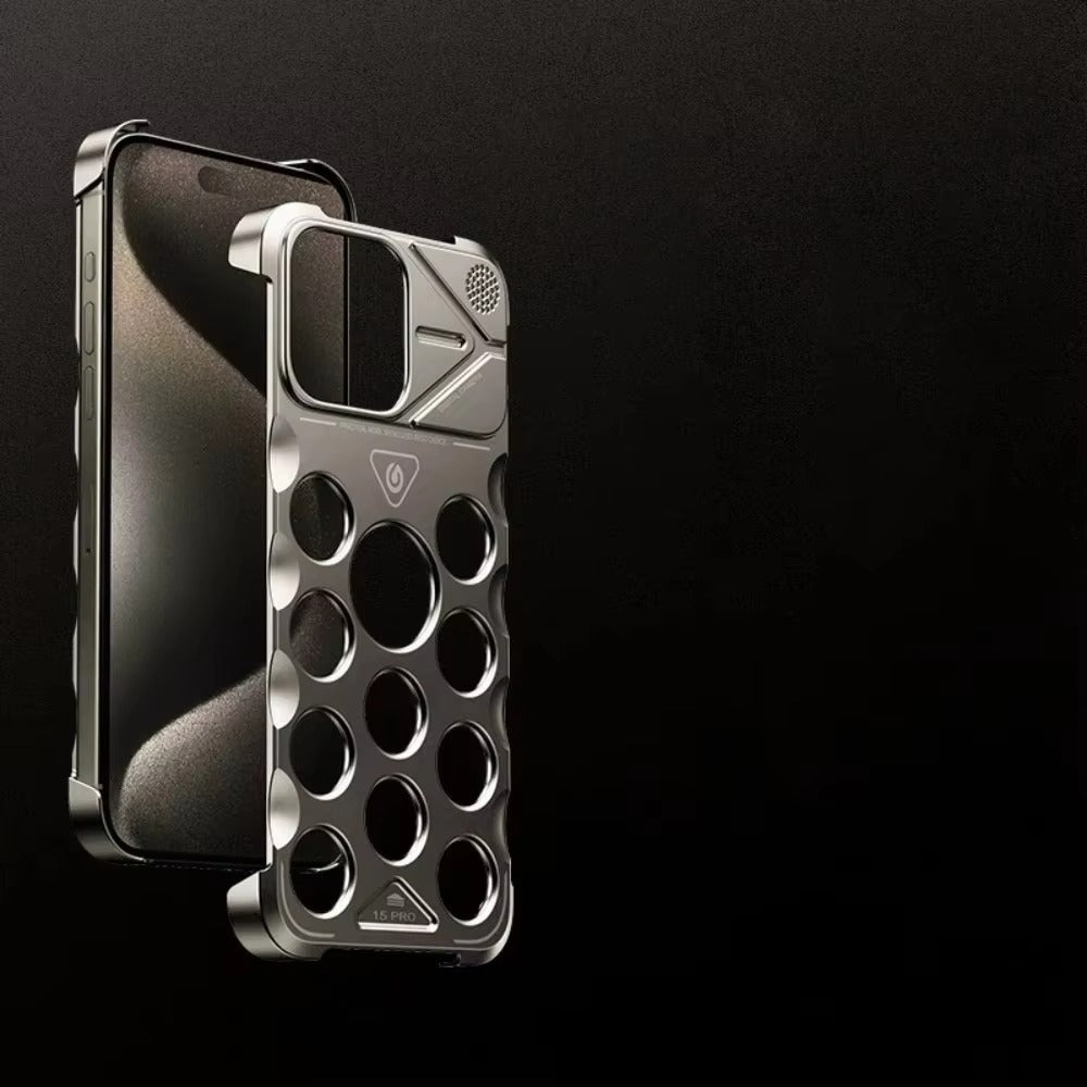 Rugged iPhone Case Shockproof Metal Cooling Armor — Aluminum Alloy Hollow Frameless Anti-Drop Cover, Matte Anti-Glare, Scratch-Resistant, Non-Slip