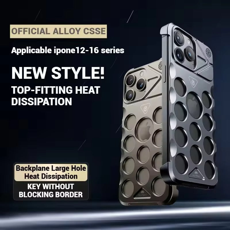 Rugged iPhone Case Shockproof Metal Cooling Armor — Aluminum Alloy Hollow Frameless Anti-Drop Cover, Matte Anti-Glare, Scratch-Resistant, Non-Slip