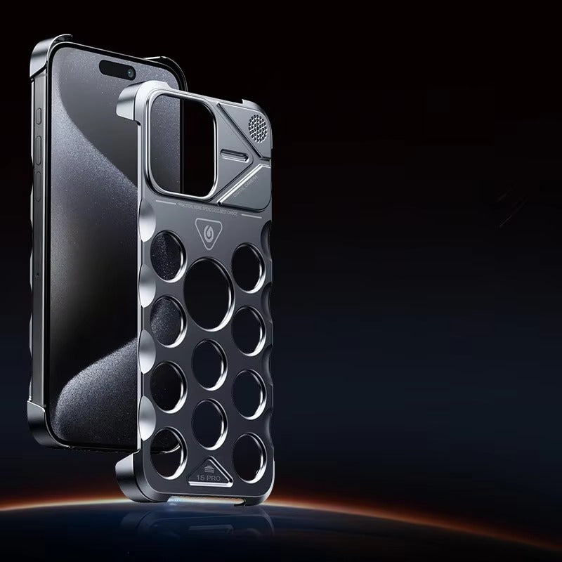 Rugged iPhone Case Shockproof Metal Cooling Armor — Aluminum Alloy Hollow Frameless Anti-Drop Cover, Matte Anti-Glare, Scratch-Resistant, Non-Slip